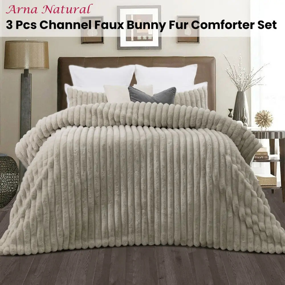 Jane Barrington Arna Natural 3 Pcs Channel Faux Bunny Fur Comforter Set King - Home & Garden > Bedding