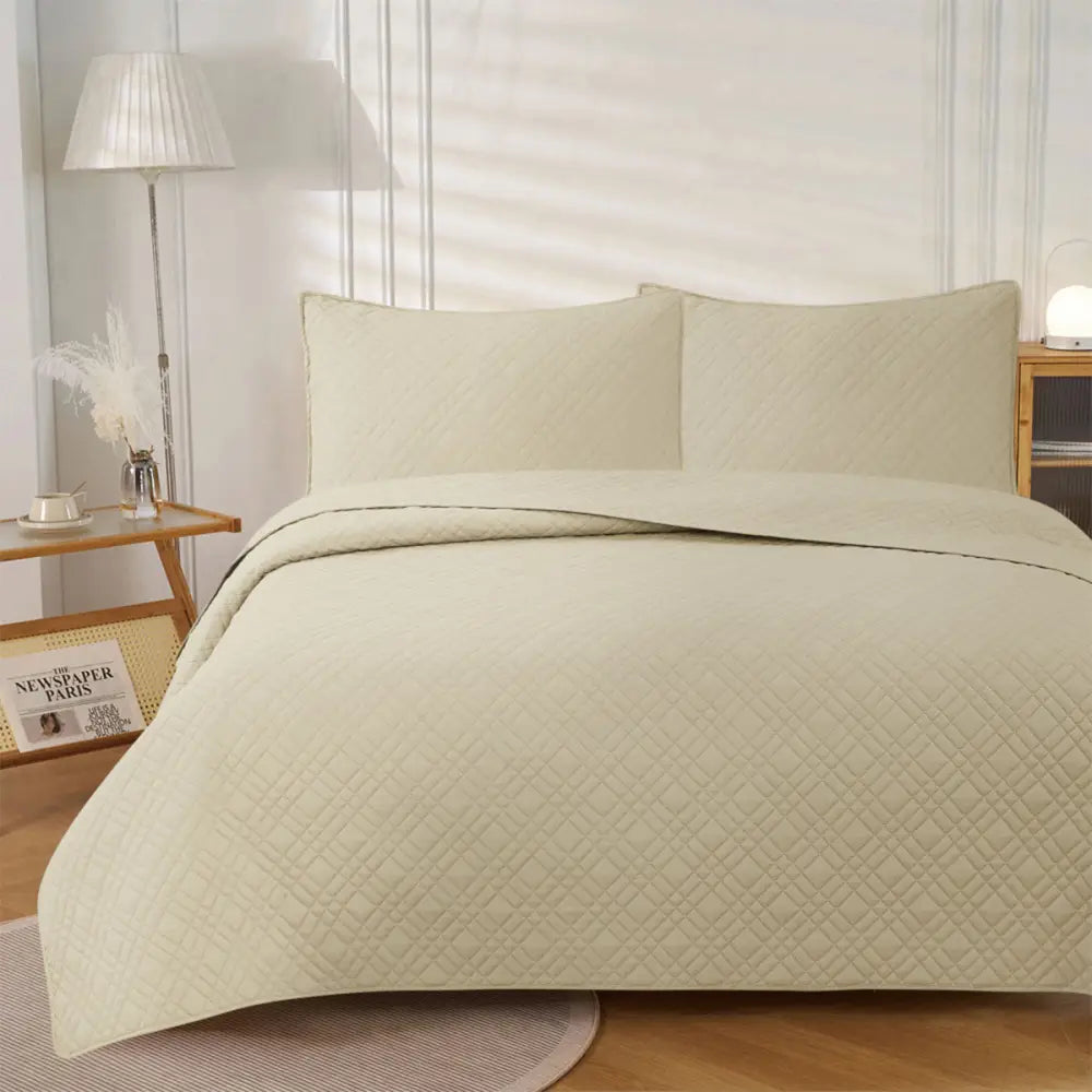 Jane Barrington Morris Beige Ultrasonic Embossed Lightly Quilted Reversible Coverlet Set Queen - Home & Garden > Bedding