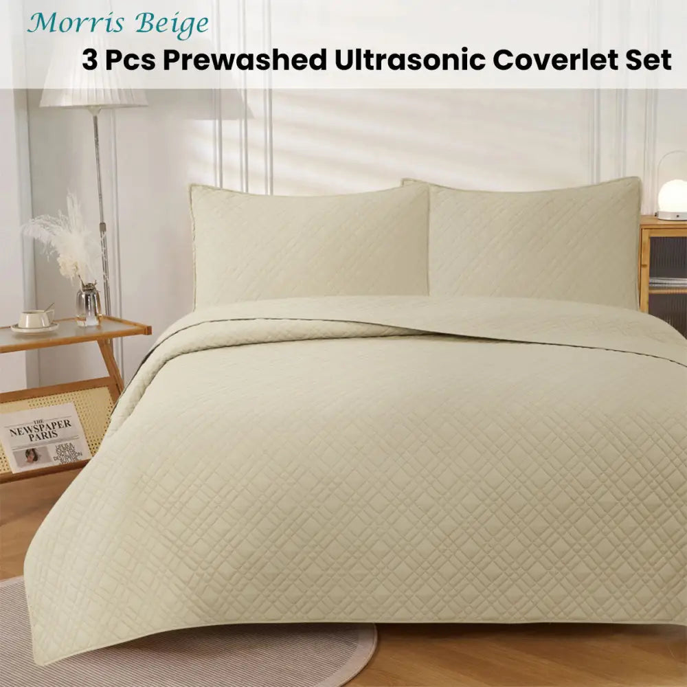 Jane Barrington Morris Beige Ultrasonic Embossed Lightly Quilted Reversible Coverlet Set King - Home & Garden > Bedding