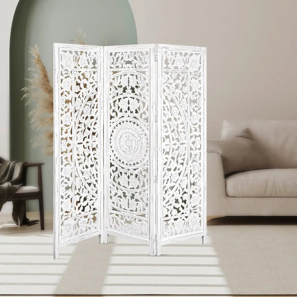Jans 3 Panel Room Divider Screen Privacy Shoji Timber Wood Stand - White - Furniture > Living Room