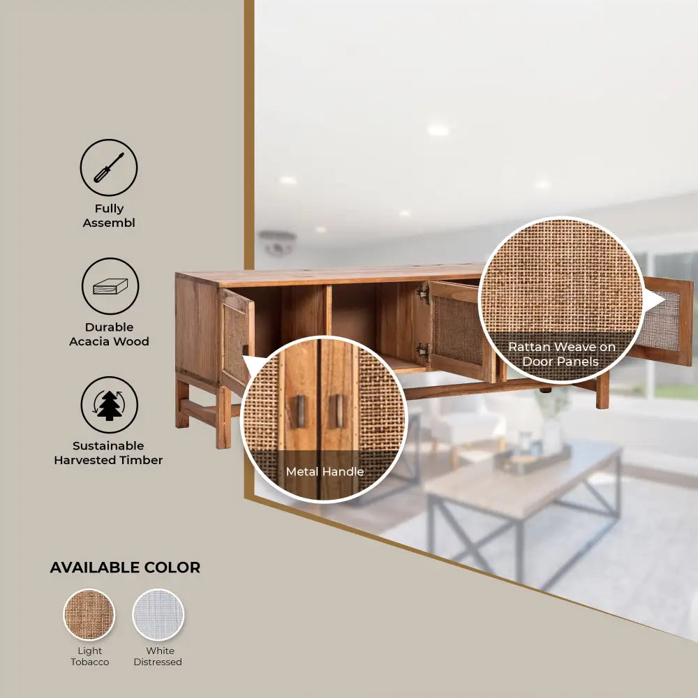 Jasmine ETU Entertainment TV Unit 160cm 4 Door Mindi Wood Rattan - Brown - Furniture > Living Room