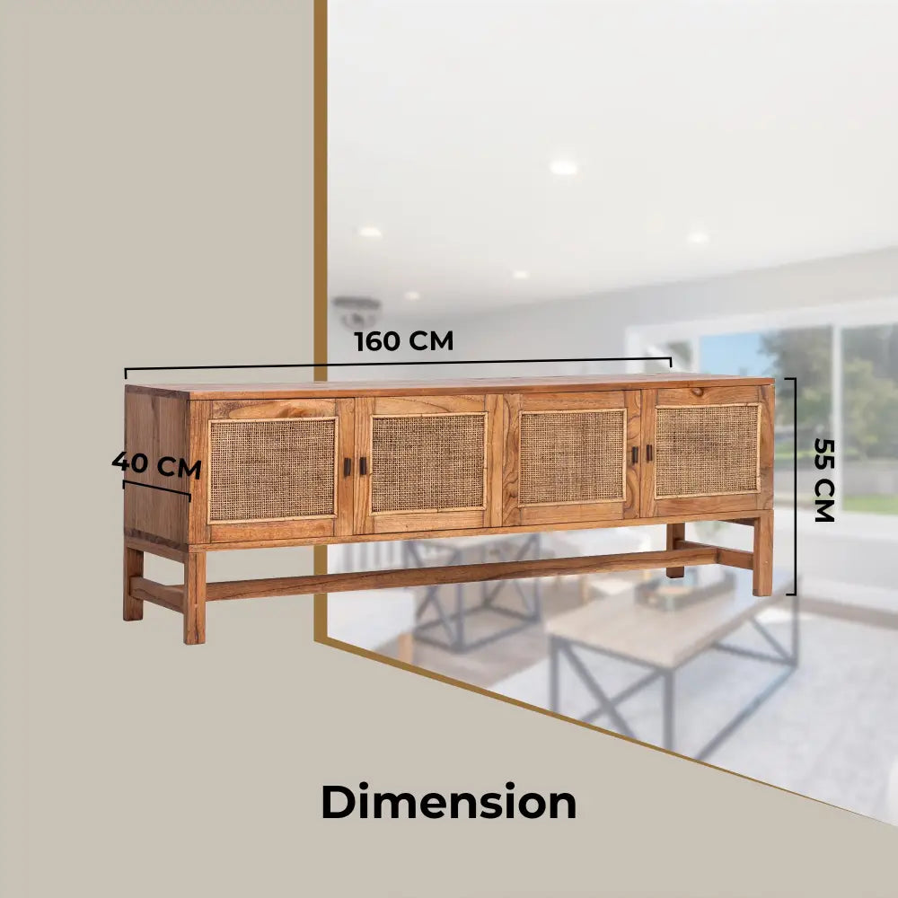 Jasmine ETU Entertainment TV Unit 160cm 4 Door Mindi Wood Rattan - Brown - Furniture > Living Room