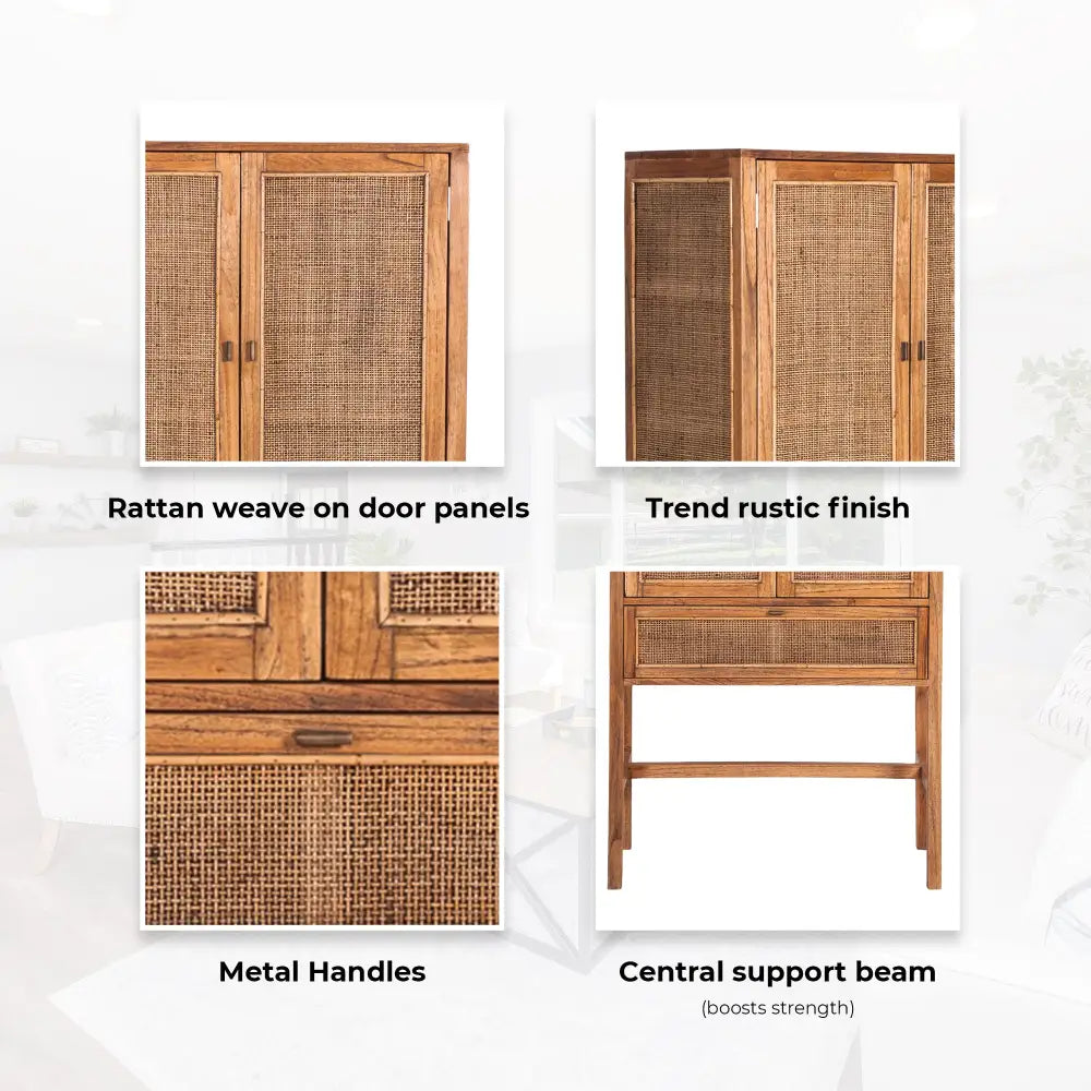 Jasmine Tall Storage Cabinet 90cm 2 Door 1 Drawer Mindi Wood Rattan - Brown - Furniture > Living Room
