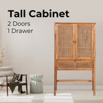 Jasmine Tall Storage Cabinet 90cm 2 Door 1 Drawer Mindi Wood Rattan - Brown - Furniture > Living Room