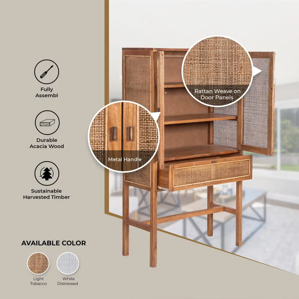 Jasmine Tall Storage Cabinet 90cm 2 Door 1 Drawer Mindi Wood Rattan - Brown - Furniture > Living Room