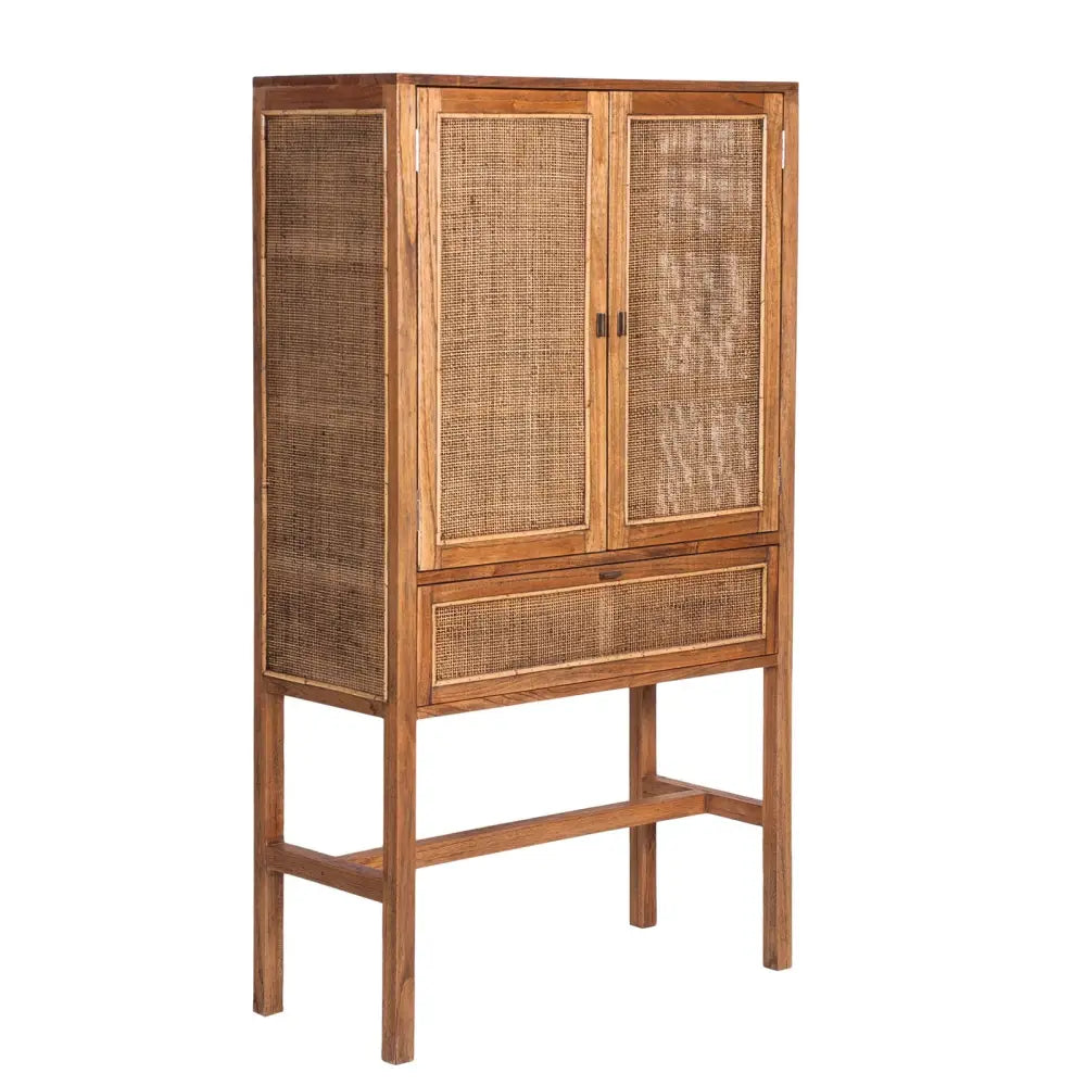 Jasmine Tall Storage Cabinet 90cm 2 Door 1 Drawer Mindi Wood Rattan - Brown - Furniture > Living Room