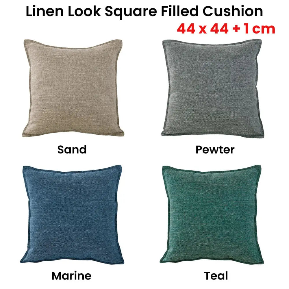 Square filled cushions in sand, pewter, marine, and teal from Jason Linen Look