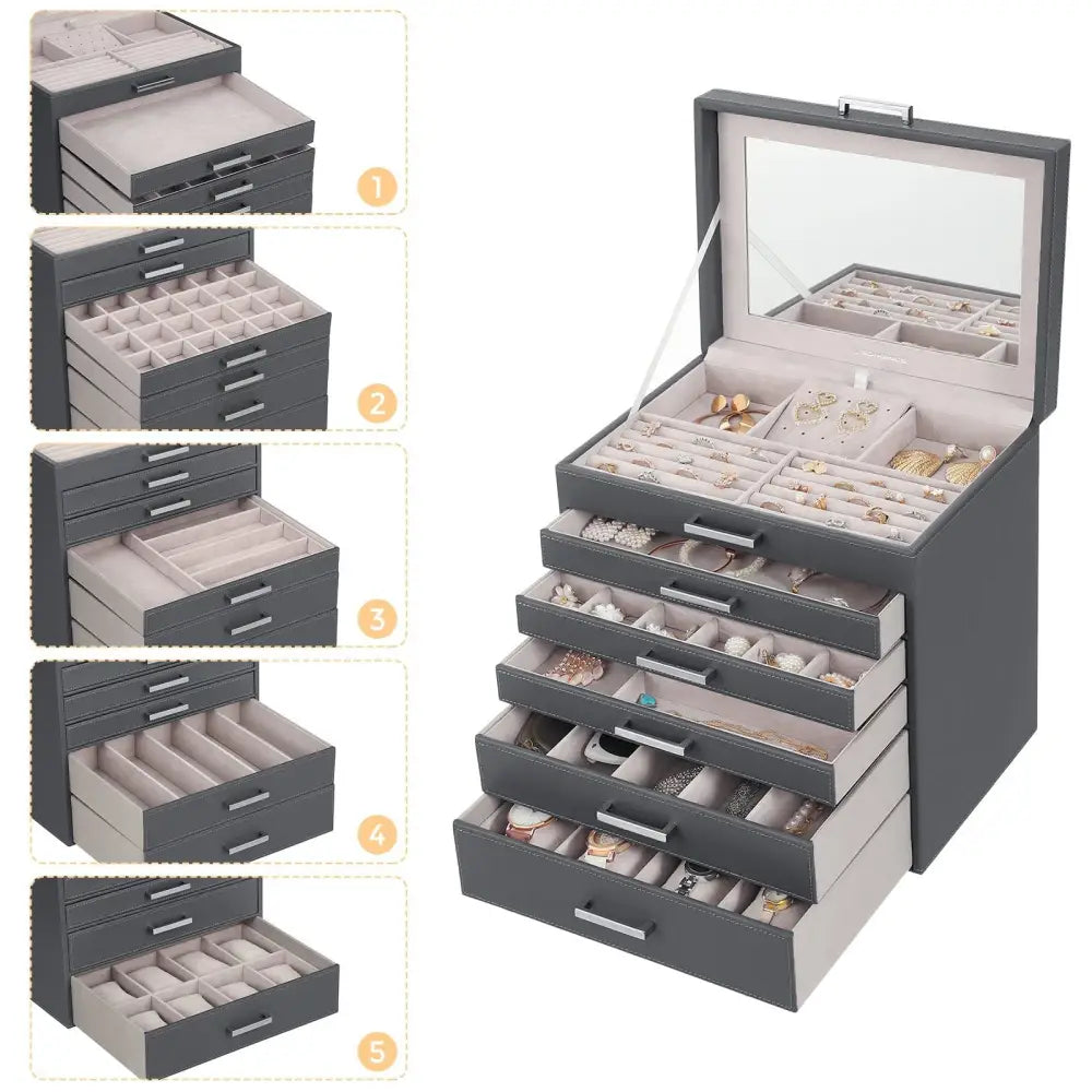 Jewellery Grey Box 6 Layers 5 Drawers - Home & Garden > Bathroom Accessories