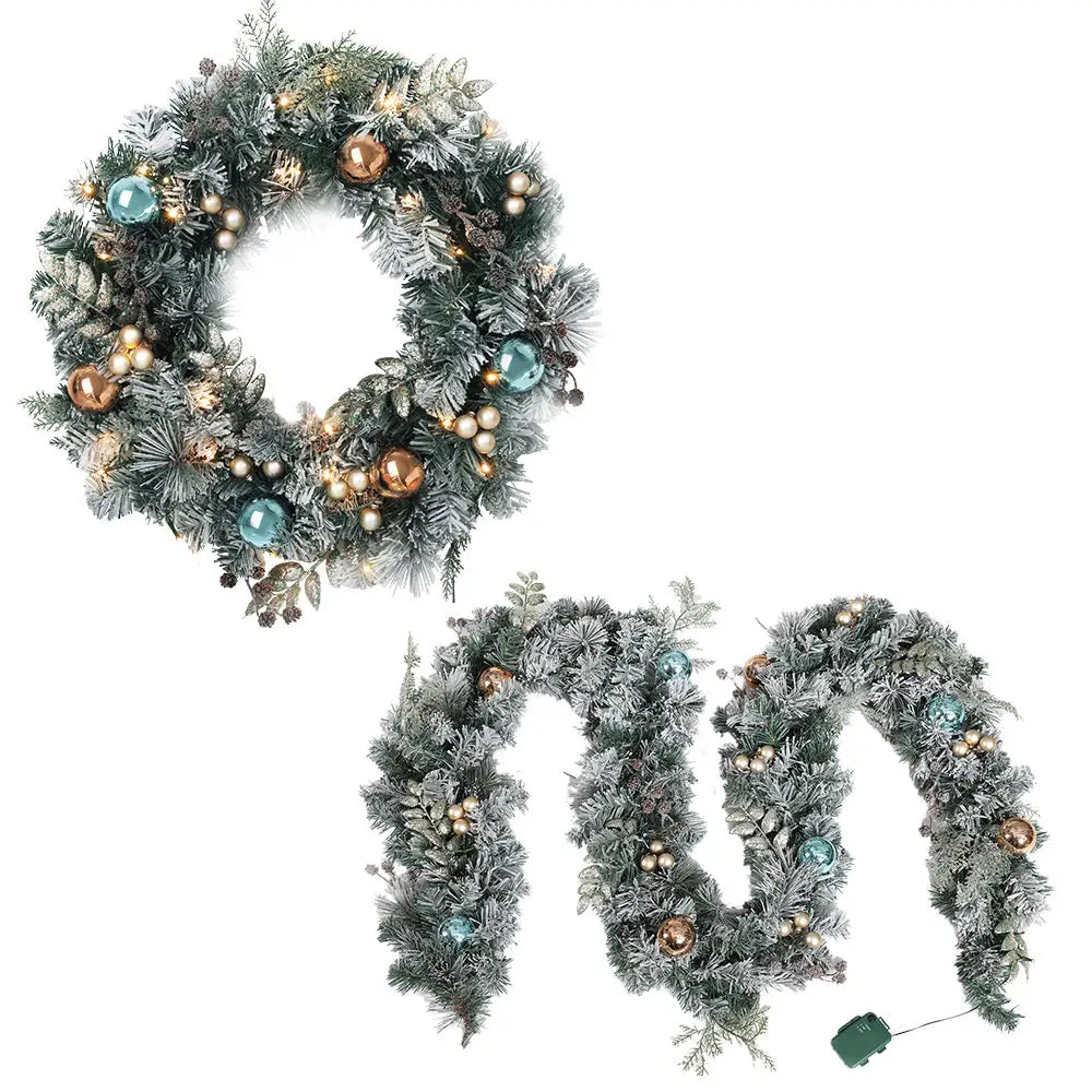 Jingle Jollys 2.7m Christmas Garland with Wreath Set LED Lights Snowy Xmas Decor - Occasions > Christmas > Christmas