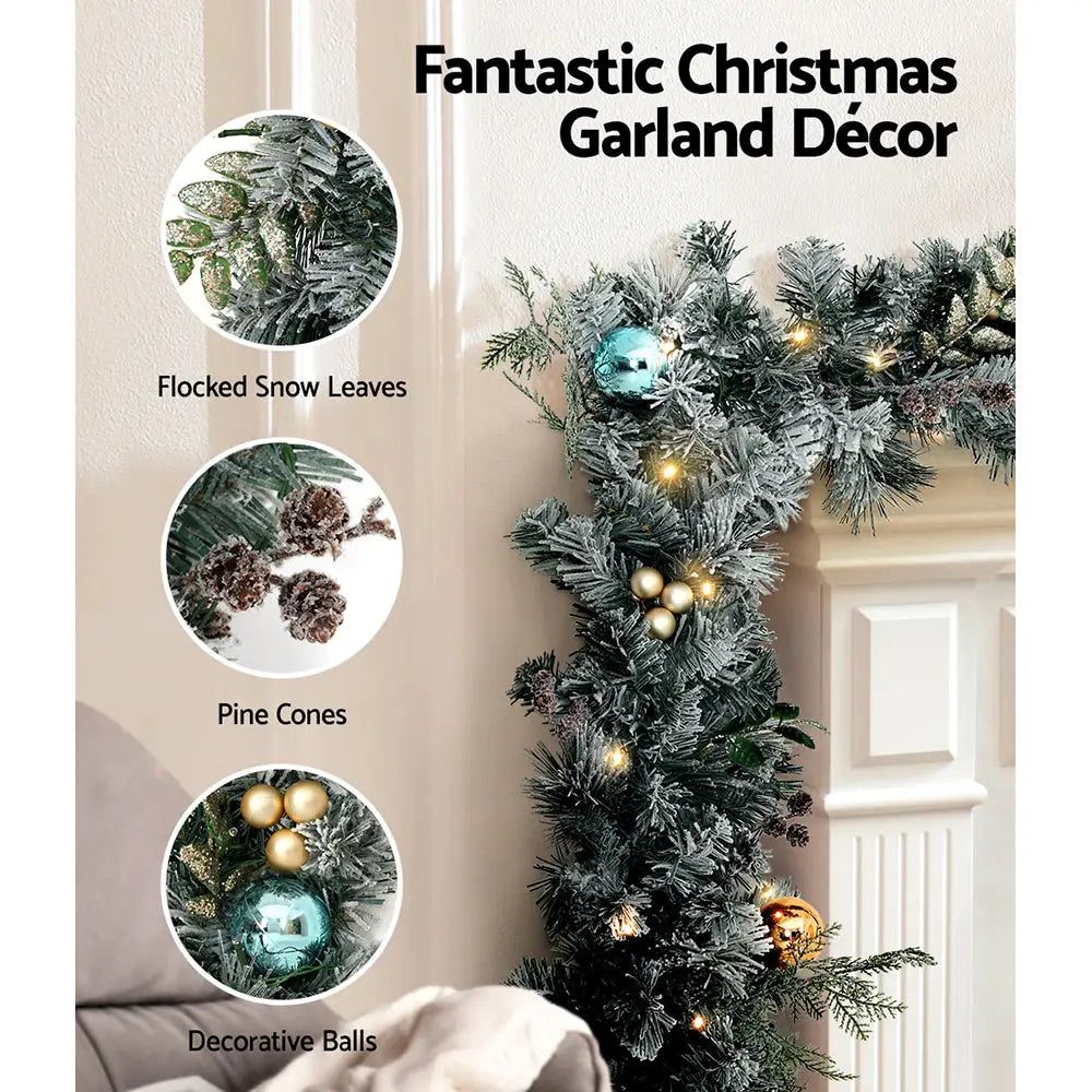Jingle Jollys 2.7m Christmas Garland with Wreath Set LED Lights Snowy Xmas Decor - Occasions > Christmas > Christmas
