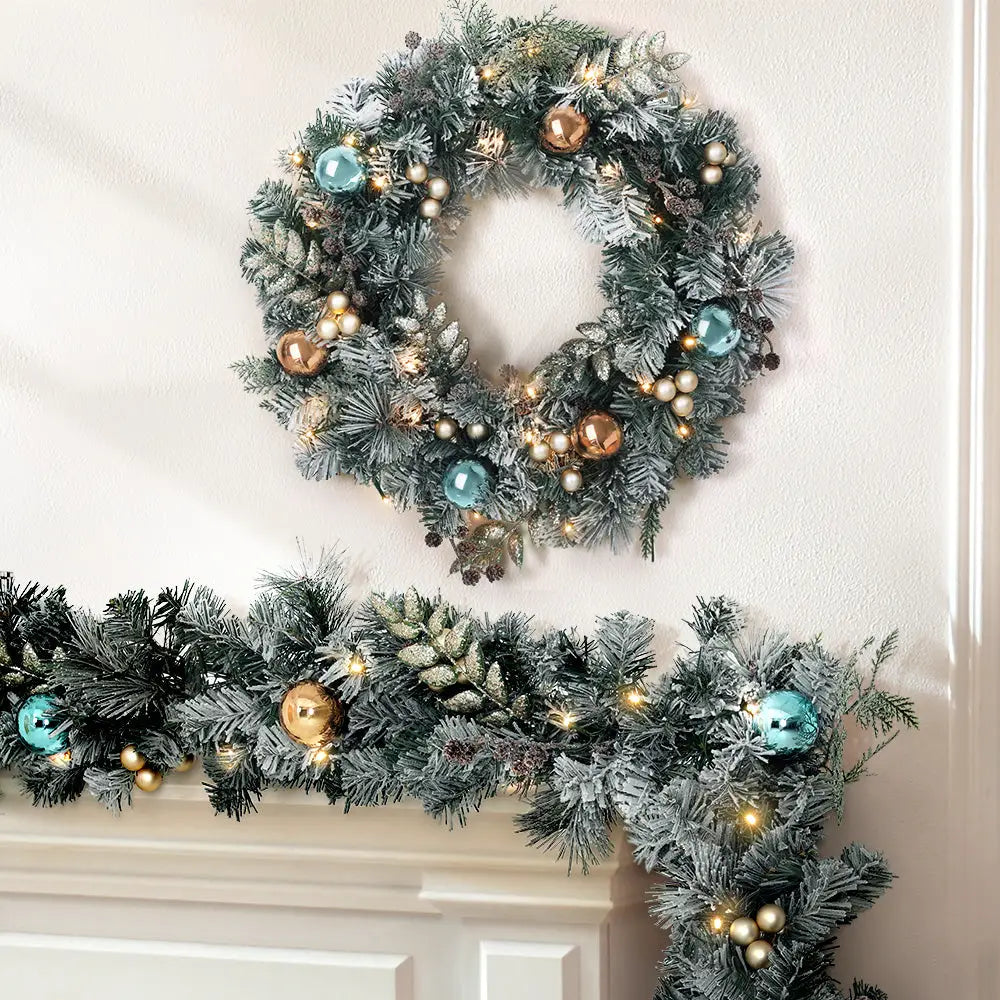 Jingle Jollys 2.7m Christmas Garland with Wreath Set LED Lights Snowy Xmas Decor - Occasions > Christmas > Christmas