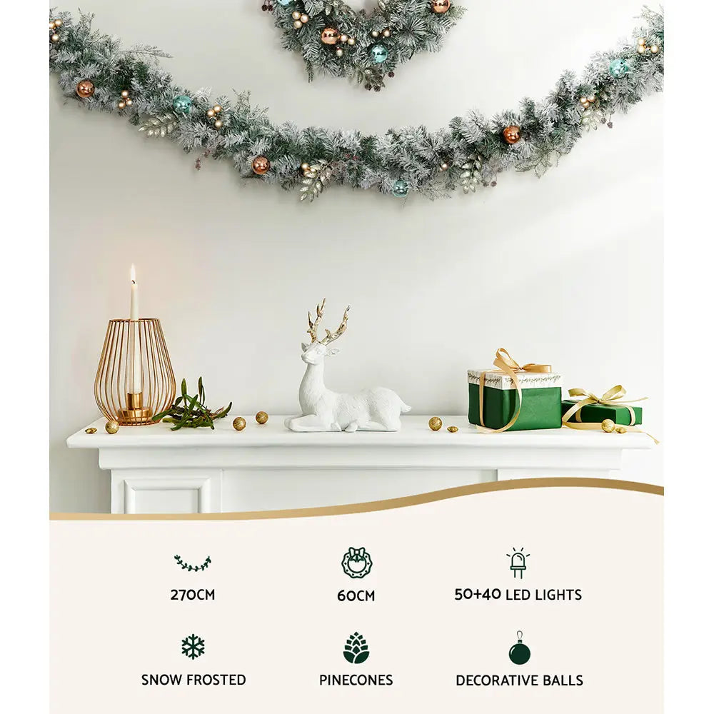 Jingle Jollys 2.7m Christmas Garland with Wreath Set LED Lights Snowy Xmas Decor - Occasions > Christmas > Christmas