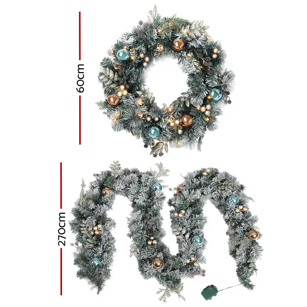 Jingle Jollys 2.7m Christmas Garland with Wreath Set LED Lights Snowy Xmas Decor - Occasions > Christmas > Christmas