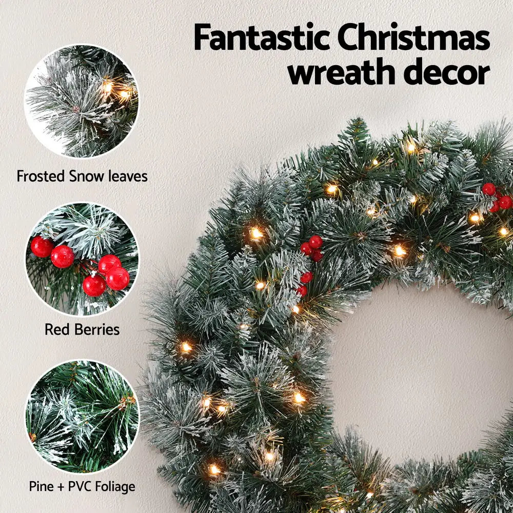 Jingle Jollys 60cm Christmas Wreath LED Lights Snowy Berries Garland Party Decor - Occasions > Christmas > Christmas