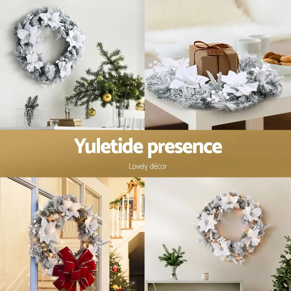 Jingle Jollys 60cm Christmas Wreath LED Lights Snowy Flowers Garland Party Decor - Occasions > Christmas > Christmas