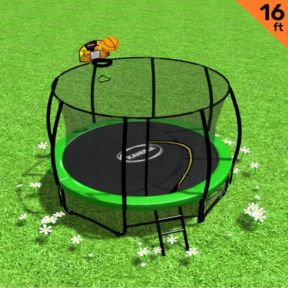Kahuna 16ft Outdoor Trampoline Kids Children With Safety Enclosure Pad Mat Ladder Basketball Hoop Set - Green - Baby &