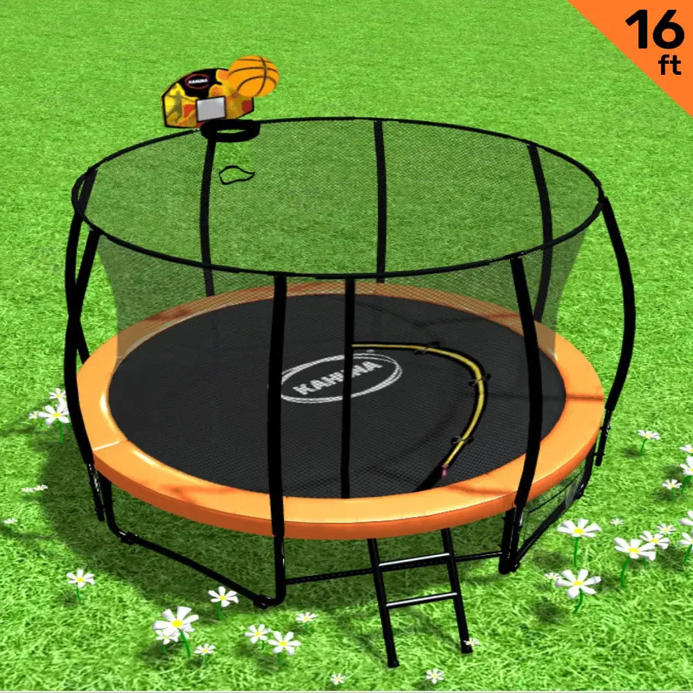 Kahuna 16ft Outdoor Trampoline Kids Children With Safety Enclosure Pad Mat Ladder Basketball Hoop Set - Orange - Baby &