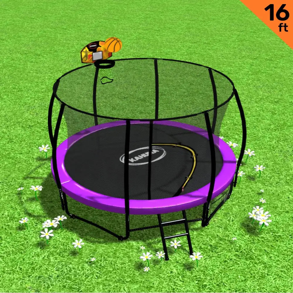 Kahuna 16ft Outdoor Trampoline Kids Children With Safety Enclosure Pad Mat Ladder Basketball Hoop Set - Purple - Baby &