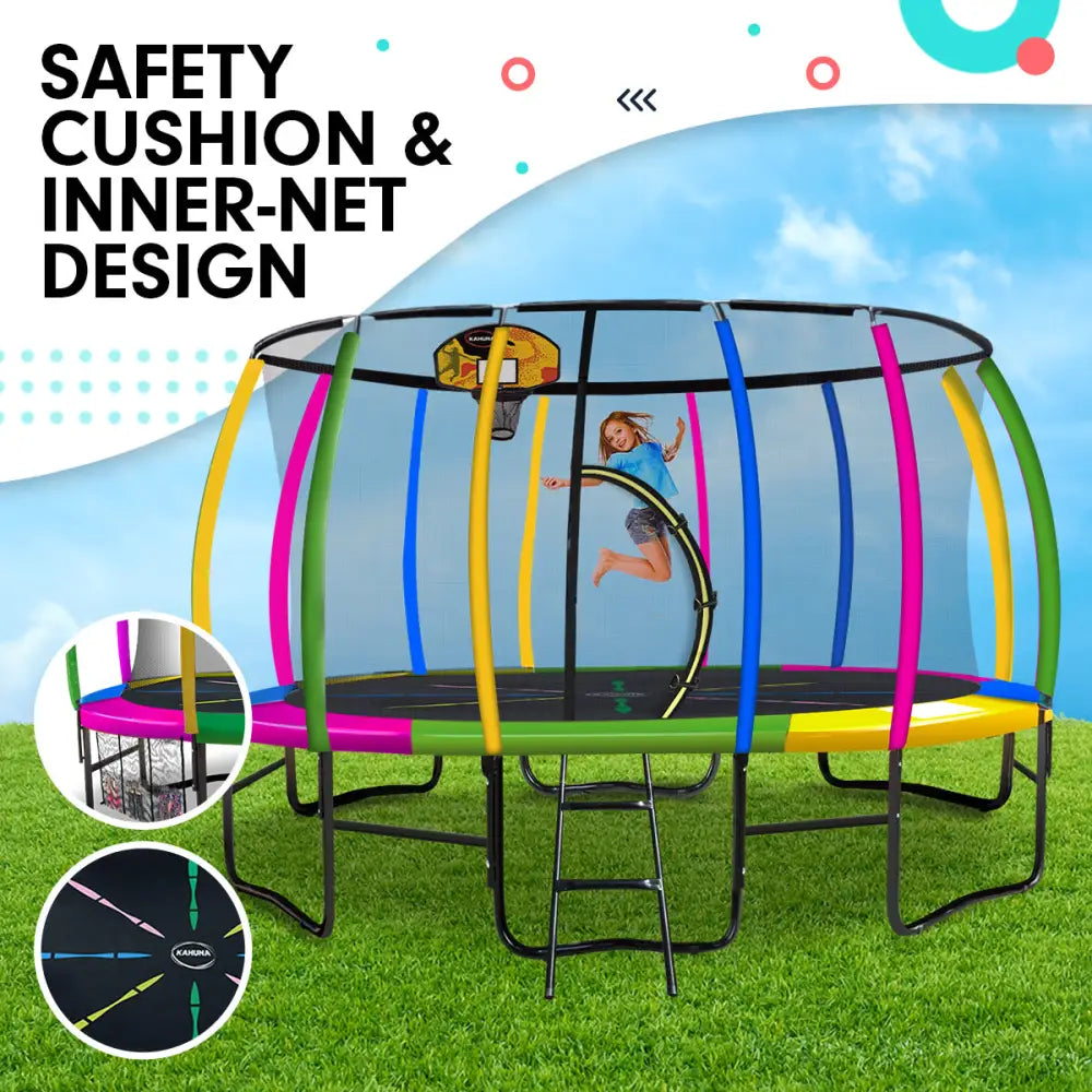 Kahuna 16ft Outdoor Trampoline Kids Children With Safety Enclosure Pad Mat Ladder Basketball Hoop Set - Rainbow - Baby