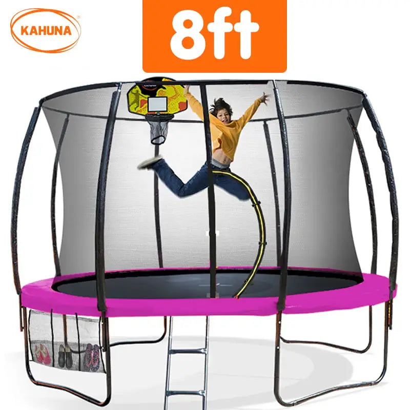 Kahuna 8ft Outdoor Trampoline Kids Children With Safety Enclosure Mat Pad Net Ladder Basketball Hoop Set - Pink - Baby