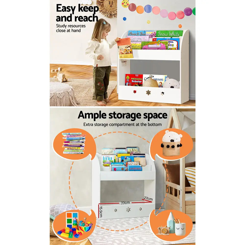 Keezi 3 Tiers Kids Bookshelf Magazine Shelf Organiser Bookcase Display White - Baby & Kids > Kid’s Furniture