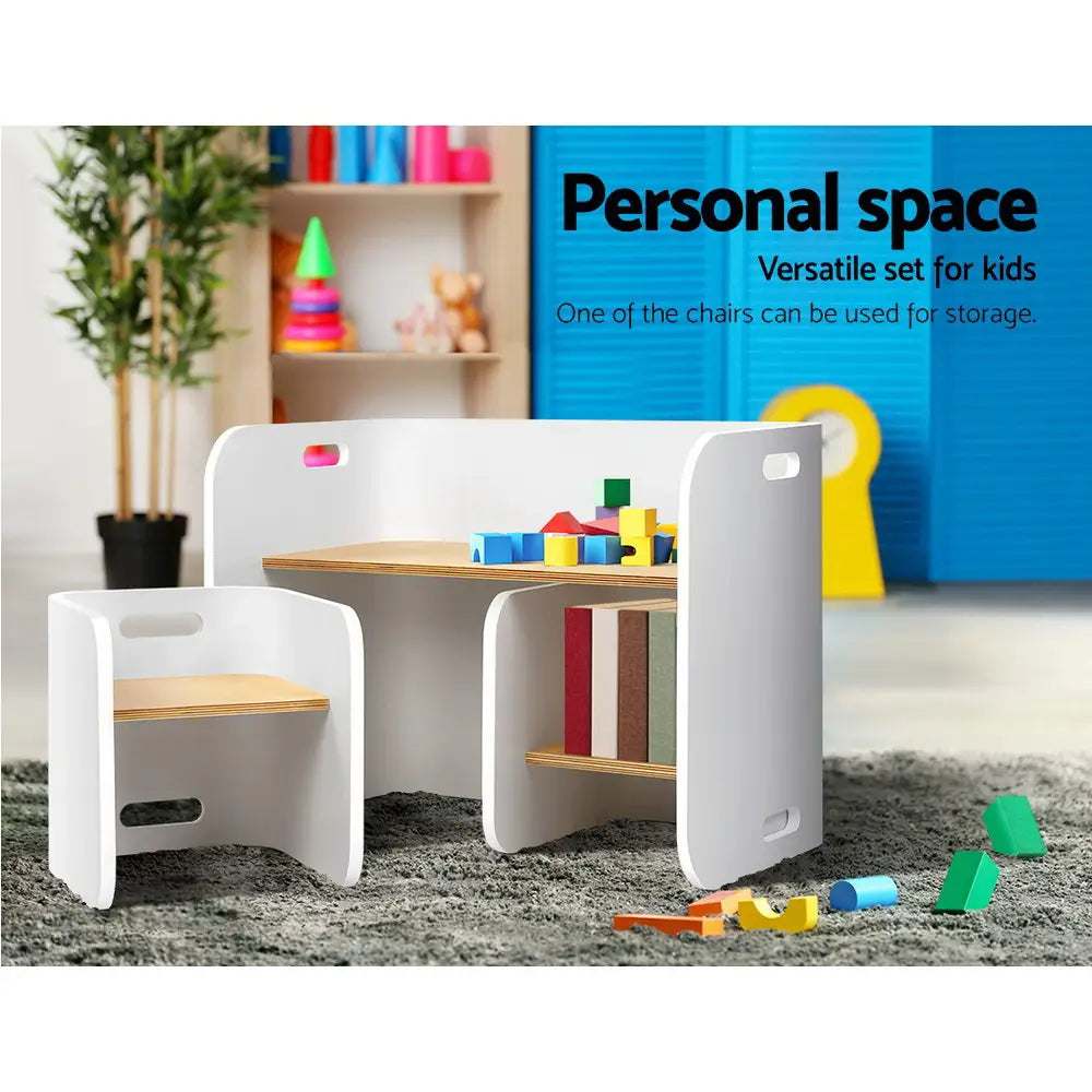Keezi 3PCS Kids Table and Chairs Set Multifunctional Storage Desk White - Baby & Kids > Kid’s Furniture