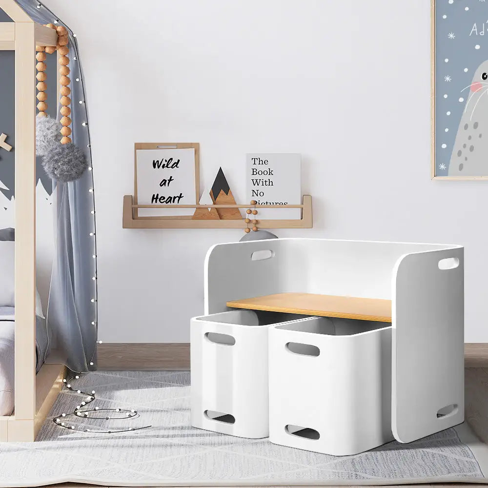 Keezi 3PCS Kids Table and Chairs Set Multifunctional Storage Desk White - Baby & Kids > Kid’s Furniture