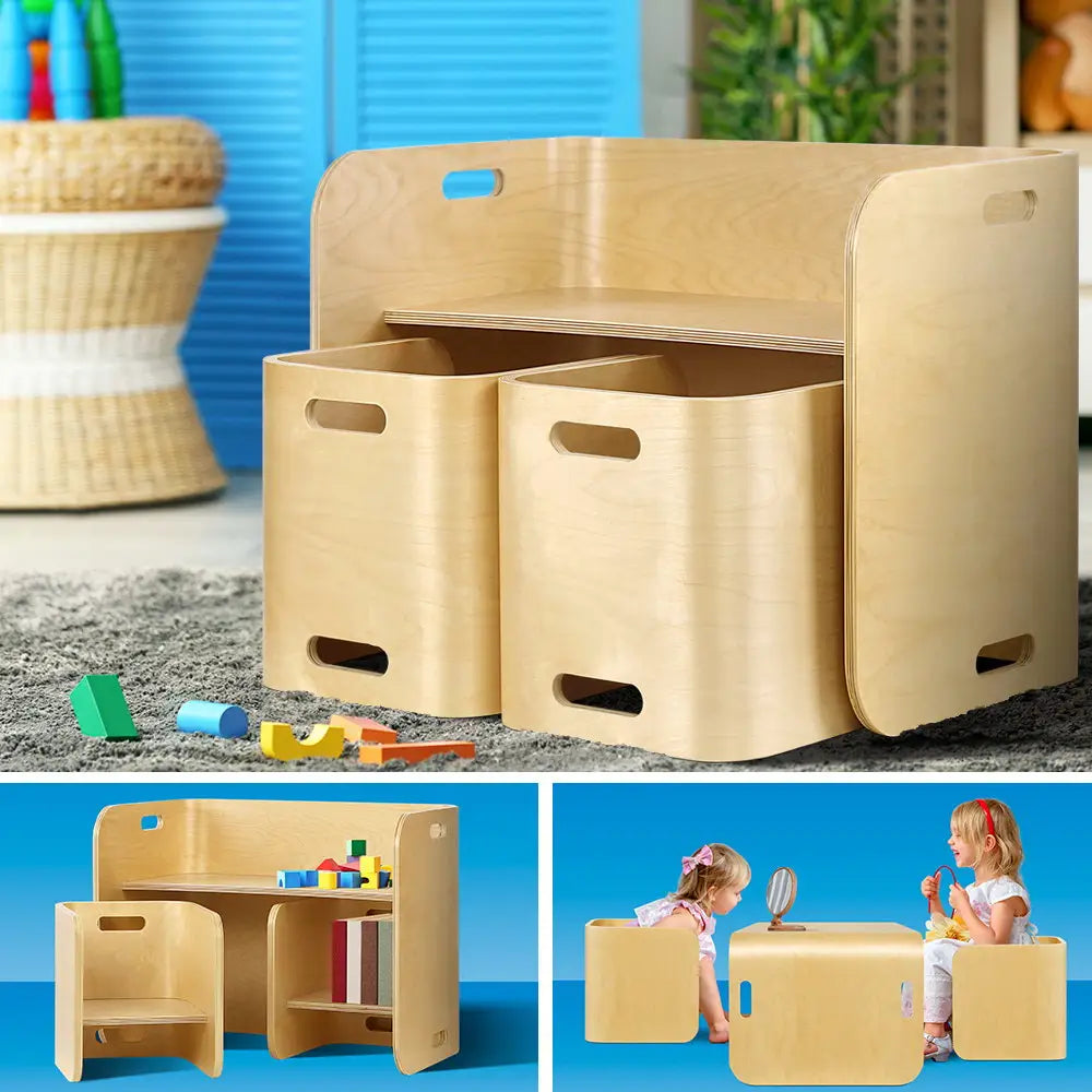 Keezi 3PCS Kids Table and Chairs Set Multifunctional Storage Desk - Baby & Kids > Kid’s Furniture