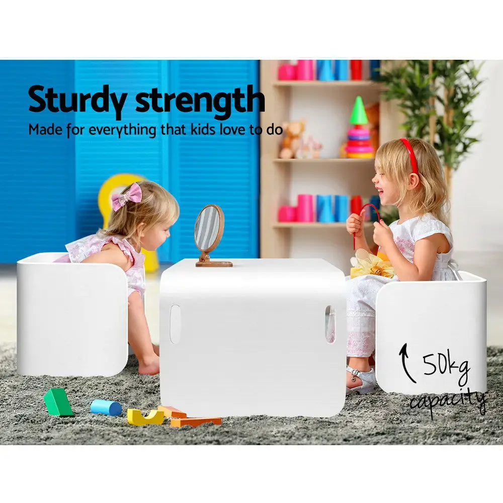 Keezi 3PCS Kids Table and Chairs Set Multifunctional Storage Desk White - Baby & Kids > Kid’s Furniture