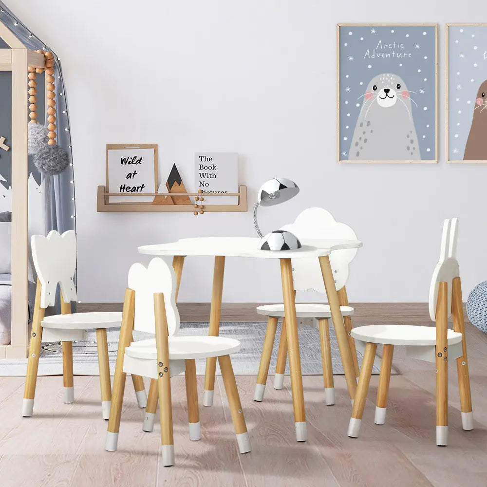 Keezi 5PCS Kids Table and Chairs Set Children Activity Study Play Desk White - Baby & Kids > Kid’s Furniture