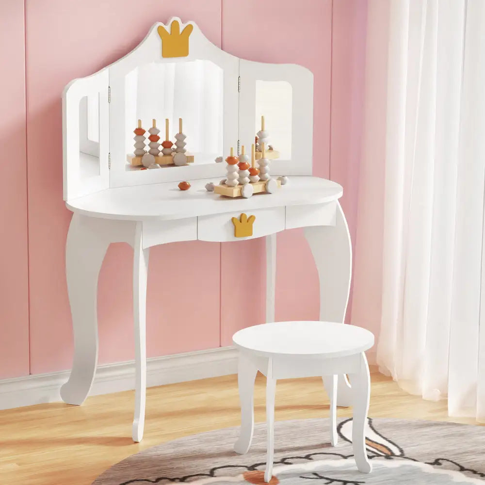 Keezi Kids Dressing Table Vanity Makeup Chair Set Wooden 3 Mirror Drawer White - Baby & Kids > Kid’s Furniture >