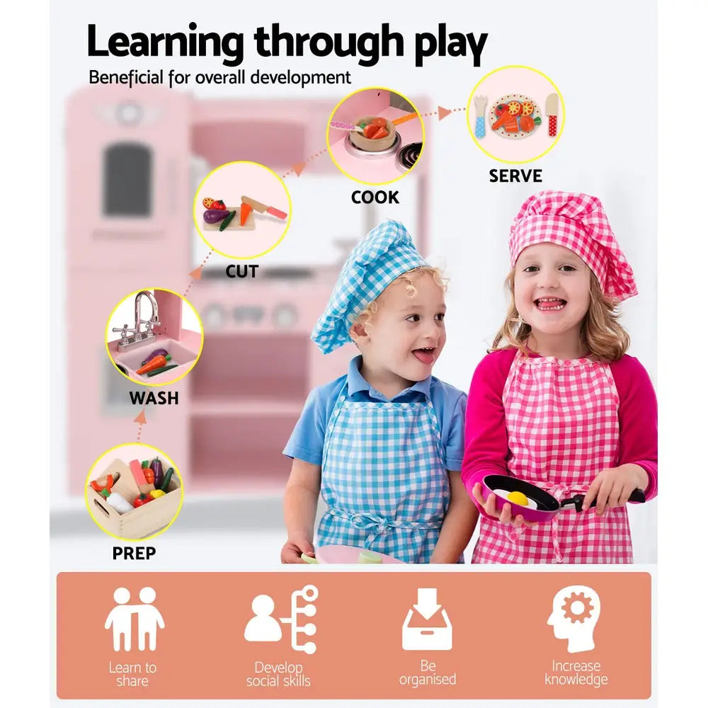 Keezi Kids Kitchen Play Set Wooden Pretend Toys Cooking Children Food Pink - Baby & Kids > Kid’s Furniture