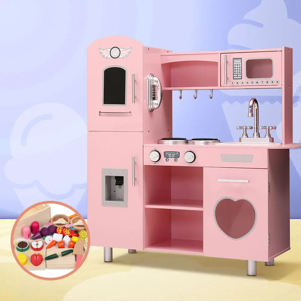 Keezi Kids Kitchen Play Set Wooden Pretend Toys Cooking Children Food Pink - Baby & Kids > Kid’s Furniture