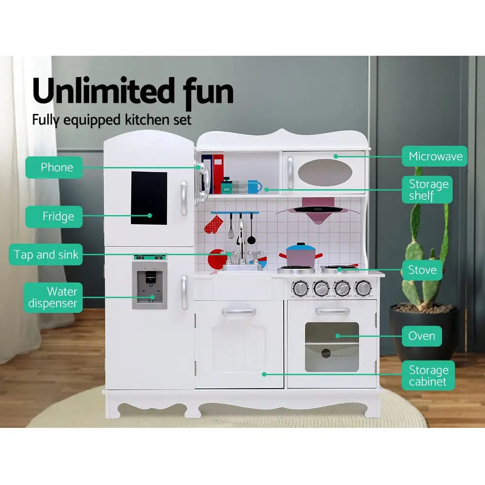 Keezi Kids Kitchen Play Set Wooden Pretend Toys Cooking Children Food White - Baby & Kids > Kid’s Furniture