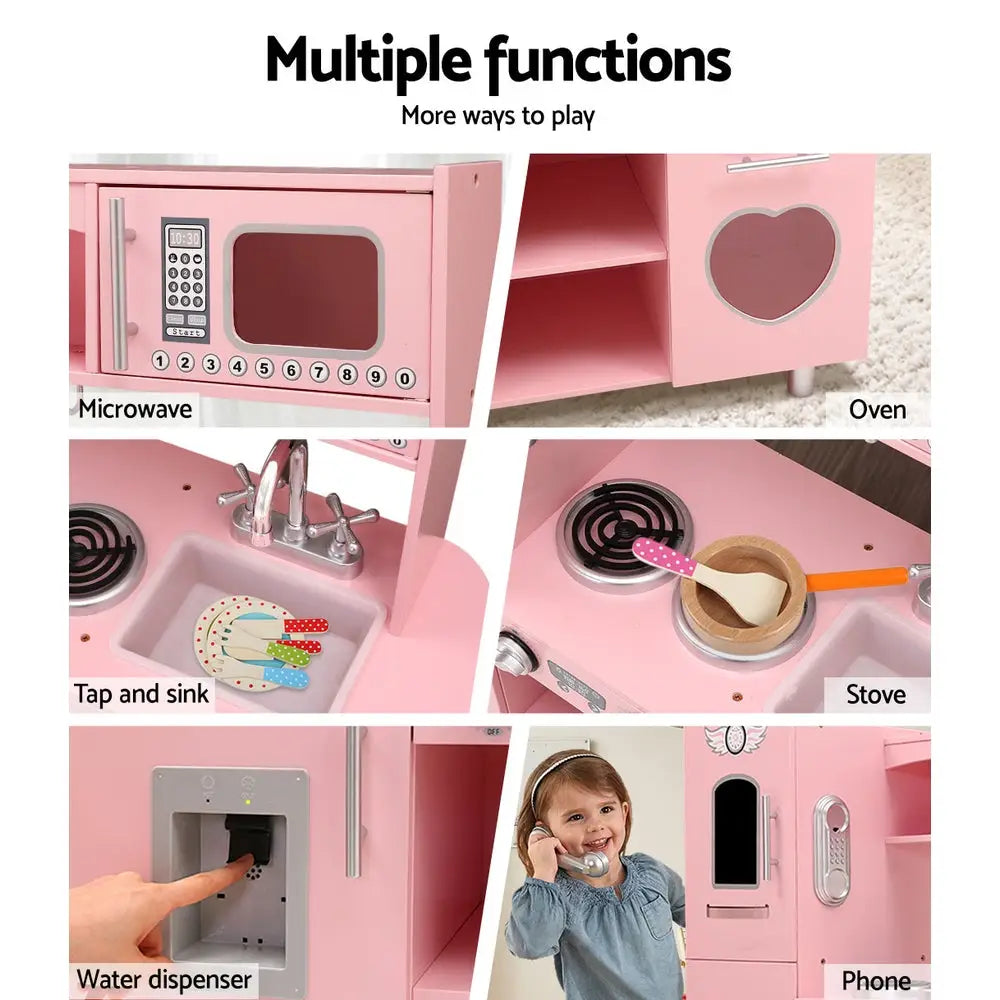 Keezi Kids Kitchen Play Set Wooden Pretend Toys Cooking Children Food Pink - Baby & Kids > Kid’s Furniture