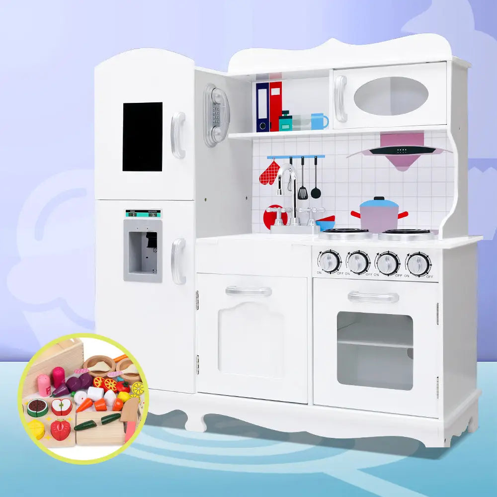 Keezi Kids Kitchen Play Set Wooden Pretend Toys Cooking Children Food White - Baby & Kids > Kid’s Furniture