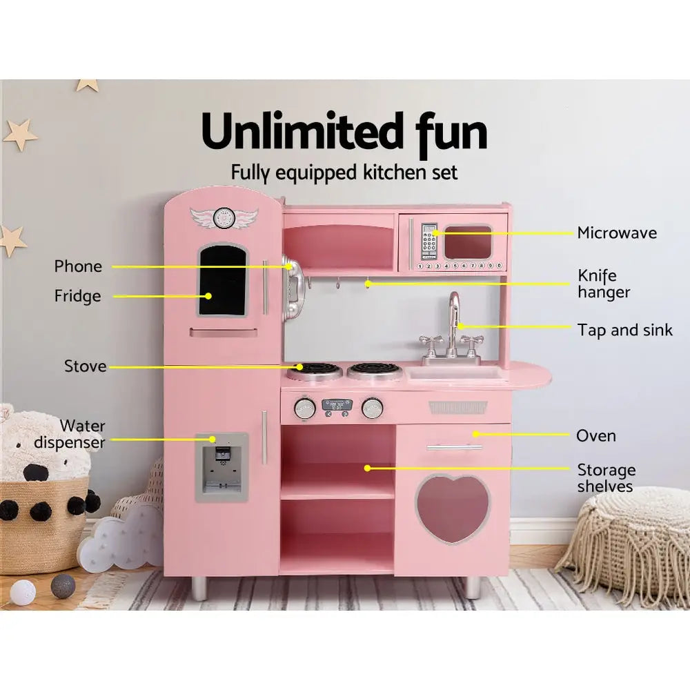 Keezi Kids Kitchen Play Set Wooden Pretend Toys Cooking Children Food Pink - Baby & Kids > Kid’s Furniture