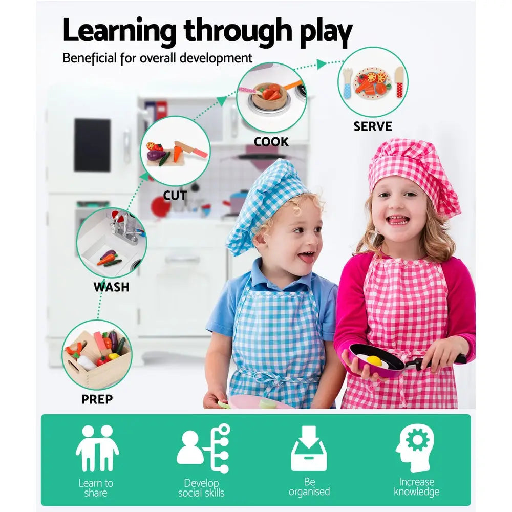 Keezi Kids Kitchen Play Set Wooden Pretend Toys Cooking Children Food White - Baby & Kids > Kid’s Furniture
