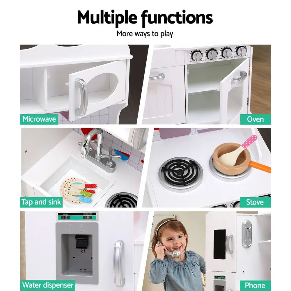 Keezi Kids Kitchen Play Set Wooden Pretend Toys Cooking Children Food White - Baby & Kids > Kid’s Furniture