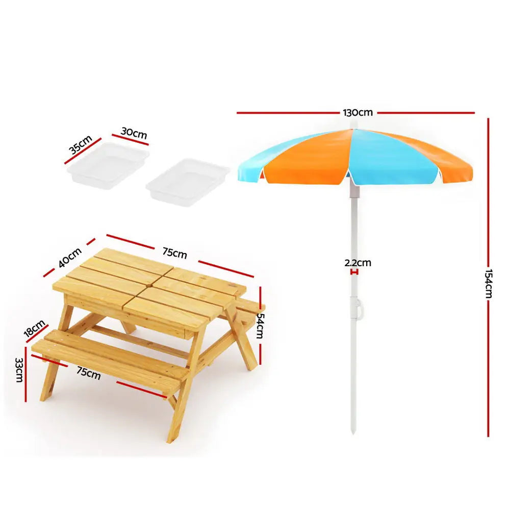 Keezi Kids Outdoor Table and Chairs Picnic Bench Umbrella Set Water Sand Pit Box - Baby & Kids > Kid’s Furniture