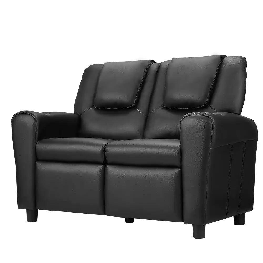 Keezi Kids Recliner Chair Double PU Leather Sofa Lounge Couch Armchair Black - Baby & Kids > Kid’s Furniture