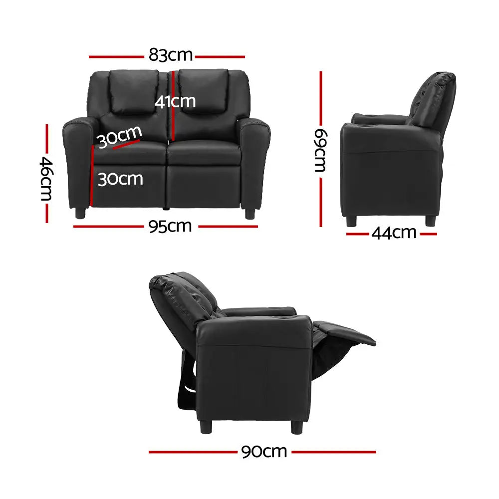 Keezi Kids Recliner Chair Double PU Leather Sofa Lounge Couch Armchair Black - Baby & Kids > Kid’s Furniture