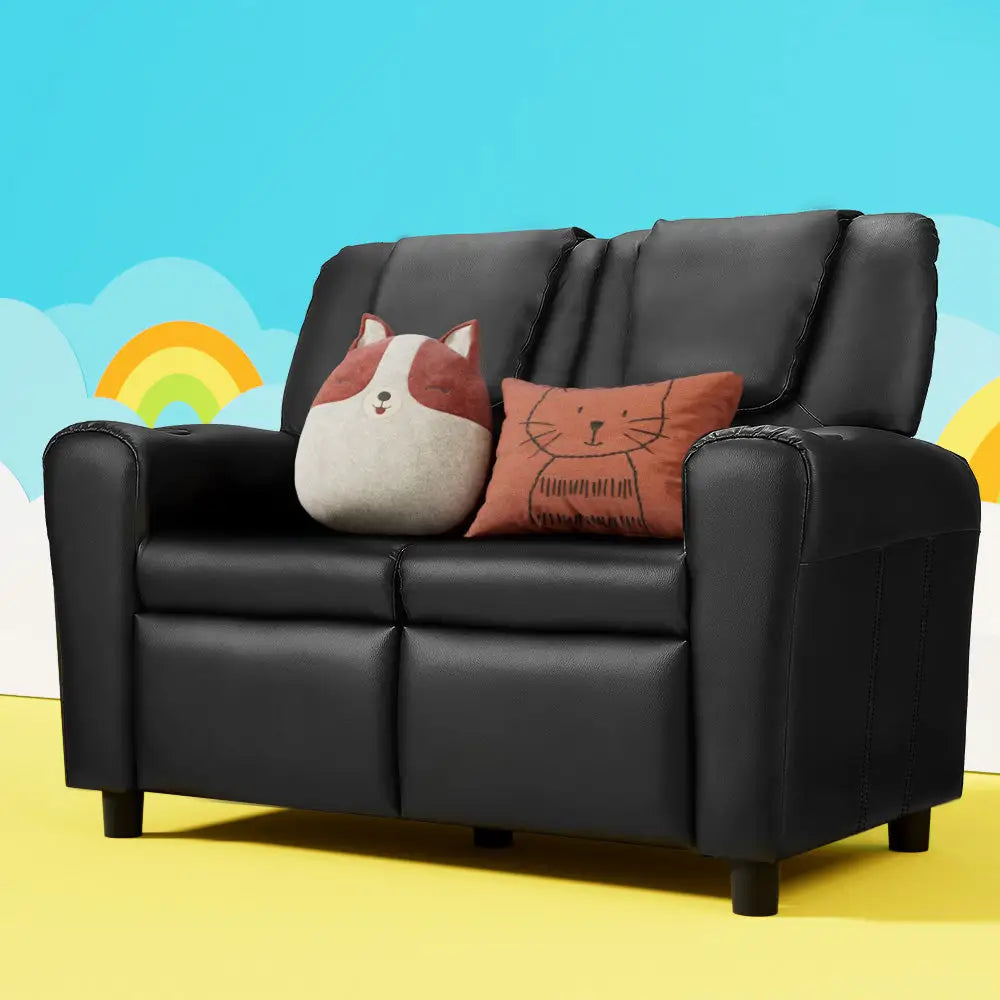 Keezi Kids Recliner Chair Double PU Leather Sofa Lounge Couch Armchair Black - Baby & Kids > Kid’s Furniture