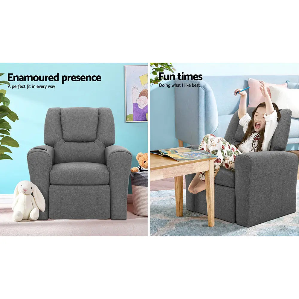 Keezi Kids Recliner Chair Linen Soft Sofa Lounge Couch Children Armchair Grey - Baby & Kids > Kid’s Furniture