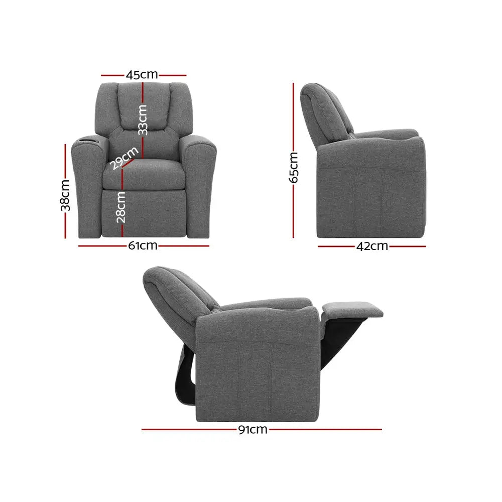 Keezi Kids Recliner Chair Linen Soft Sofa Lounge Couch Children Armchair Grey - Baby & Kids > Kid’s Furniture