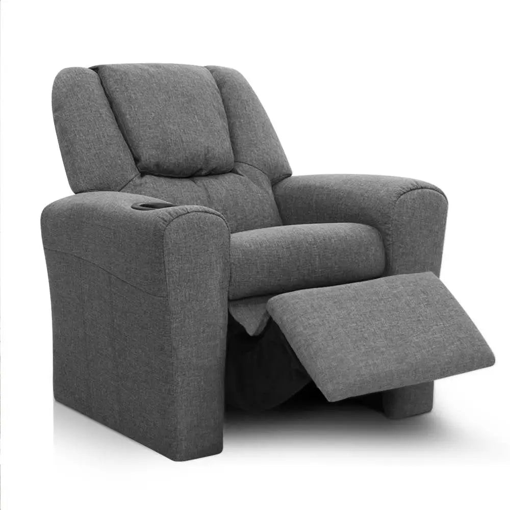 Keezi Kids Recliner Chair Linen Soft Sofa Lounge Couch Children Armchair Grey - Baby & Kids > Kid’s Furniture
