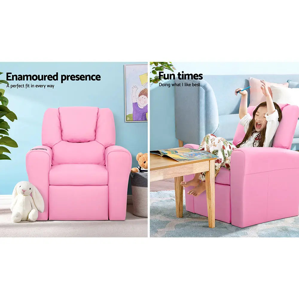 Keezi Kids Recliner Chair PU Leather Sofa Lounge Couch Children Armchair Pink - Baby & Kids > Kid’s Furniture
