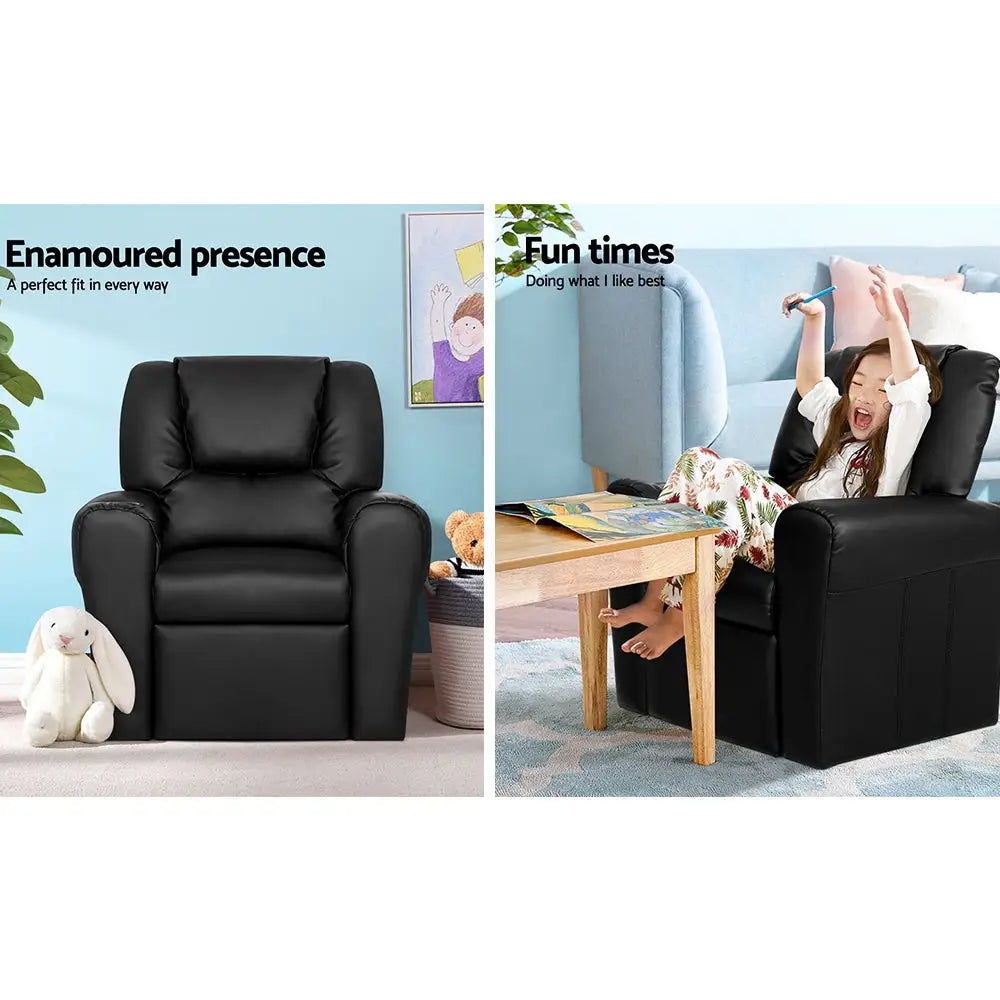 Keezi Kids Recliner Chair PU Leather Sofa Lounge Couch Children Armchair Black - Baby & Kids > Kid’s Furniture