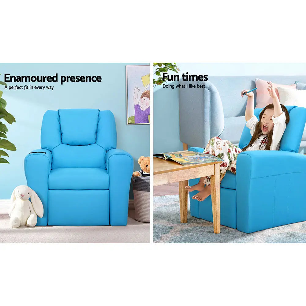 Keezi Kids Recliner Chair PU Leather Sofa Lounge Couch Children Armchair Blue - Baby & Kids > Kid’s Furniture