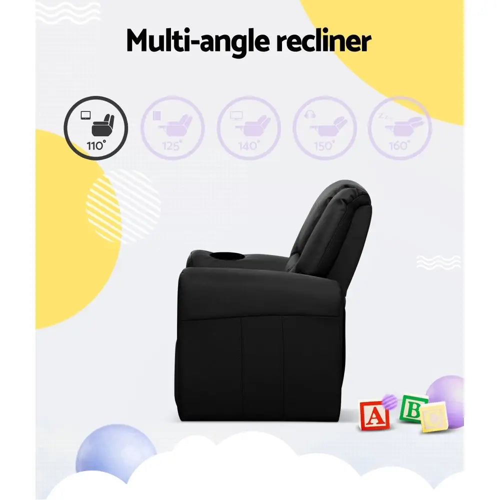 Keezi Kids Recliner Chair PU Leather Sofa Lounge Couch Children Armchair Black - Baby & Kids > Kid’s Furniture